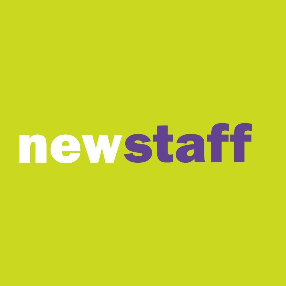 newstaff recruitment agency, in bold and stylized typography. The colour scheme includes shades of white, lime green, and purple conveying openness,, positivity, creativity, optimism and professionalism.